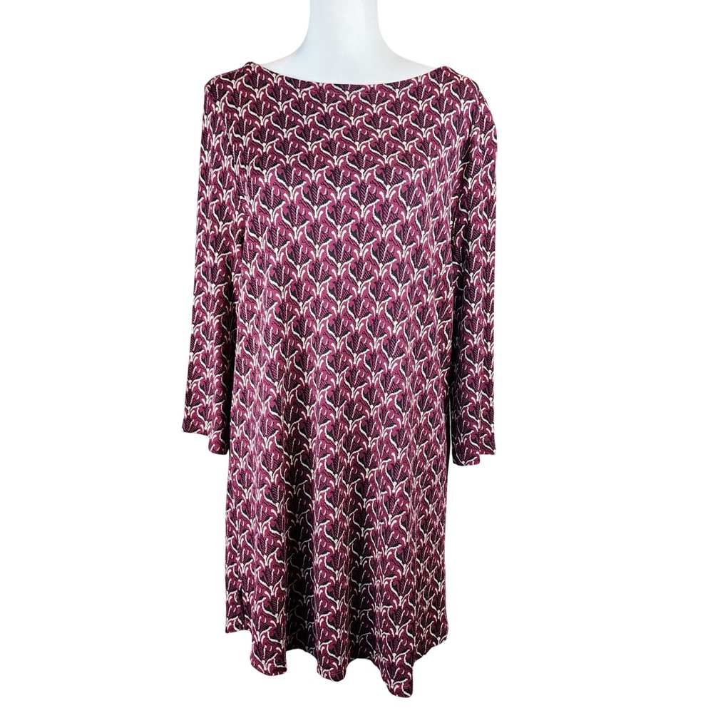 J. Jill Ponte Knit Tunic Top Womens Large Burgundy Stretch Geometric Leaf Casual